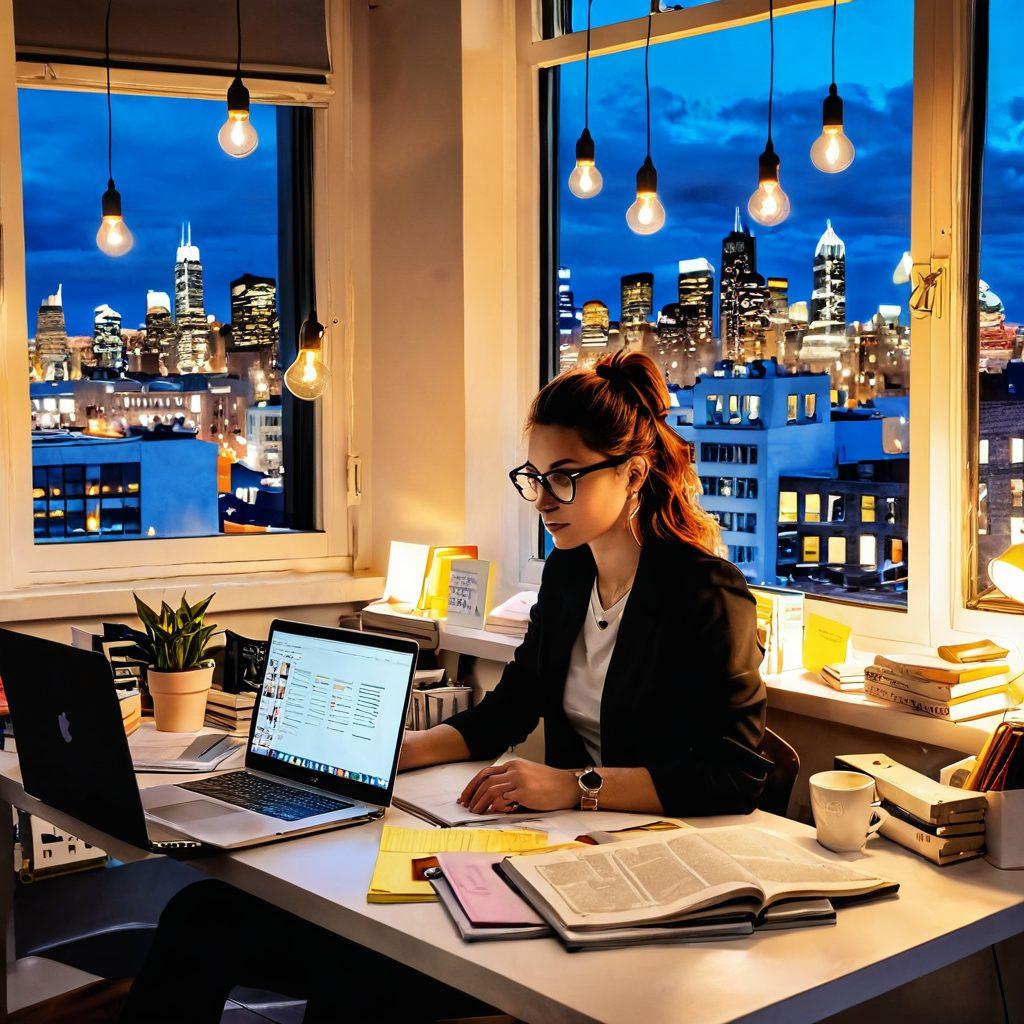 A modern blogger sitting at a stylish desk surrounded by trade books, a laptop open to a vibrant blog page, large window showing a bustling cityscape, light bulbs representing ideas overhead. The atmosphere is bright and inspiring, with post-it notes of ideas scattered around. super-realistic. vibrant colors. white background.