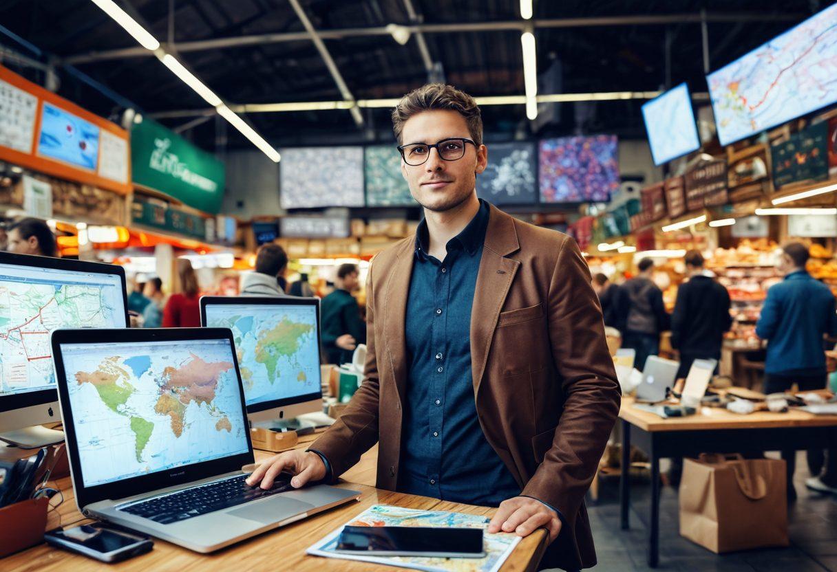 A modern blogger standing confidently at a bustling marketplace filled with diverse trade goods, surrounded by hints of technology like laptops and various digital tools. In the background, a large digital map illustrating trade routes and strategies. The atmosphere conveys action and innovation, with colorful market stalls and curious onlookers. bright colors. semi-realistic. dynamic composition.