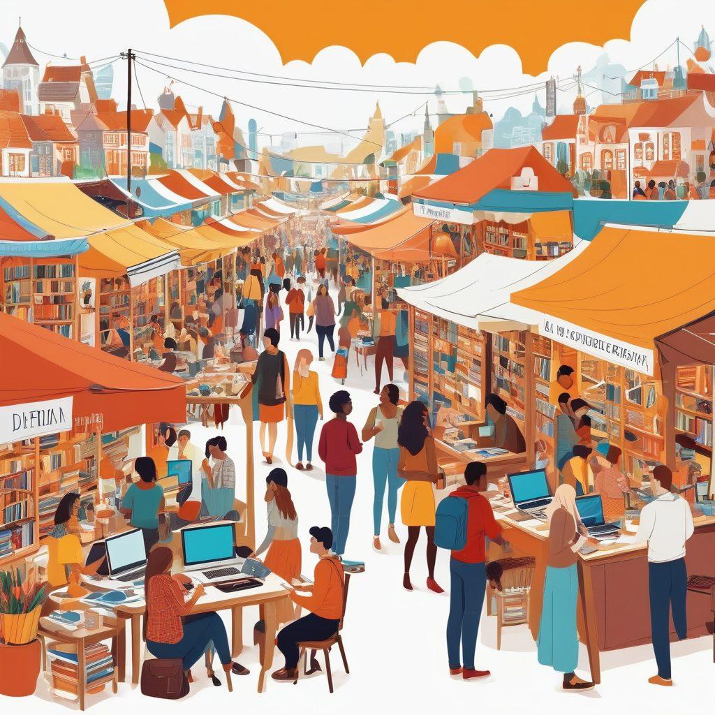 A vibrant digital landscape showcasing a diverse group of bloggers interacting and sharing ideas at a bustling marketplace, surrounded by colorful stalls filled with books, laptops, and blogging tools. The scene captures the essence of community and collaboration, with hints of social media icons floating above. Add elements of communication, such as speech bubbles and networking graphics, to emphasize connection. warm colors. cartoon style. white background.